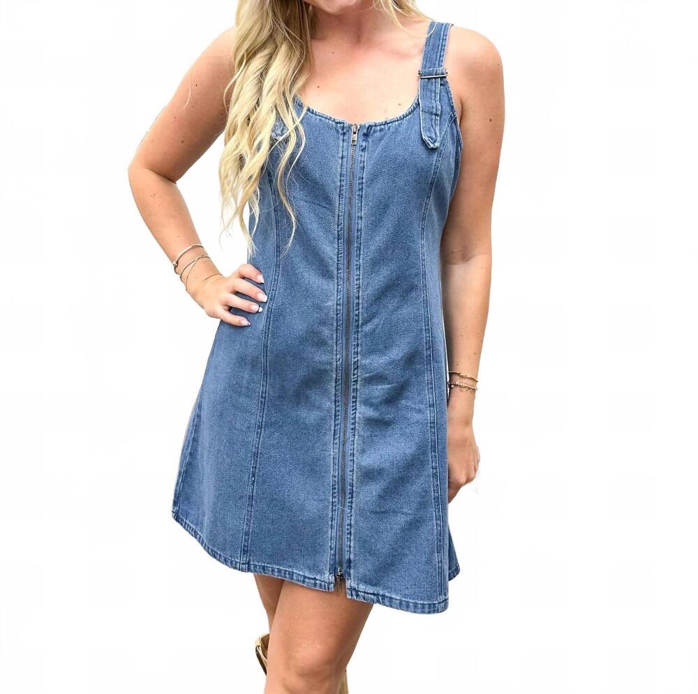NEW DOE AND RAE zip up mini dress in medium wash denim
